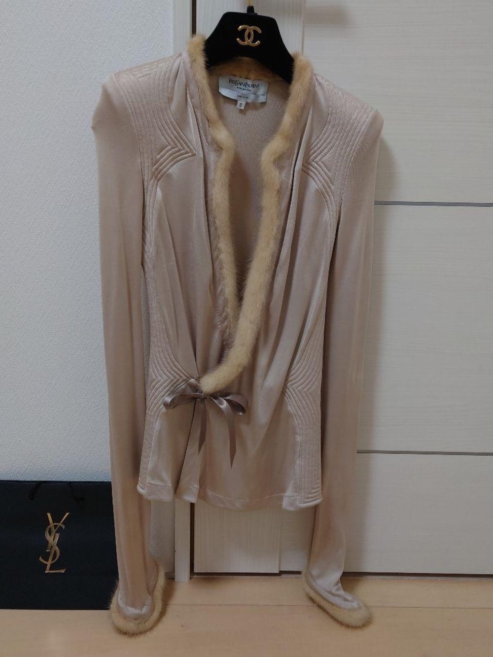 Yves Saint Laurent Cream Knit Cardigan with Fur Trim